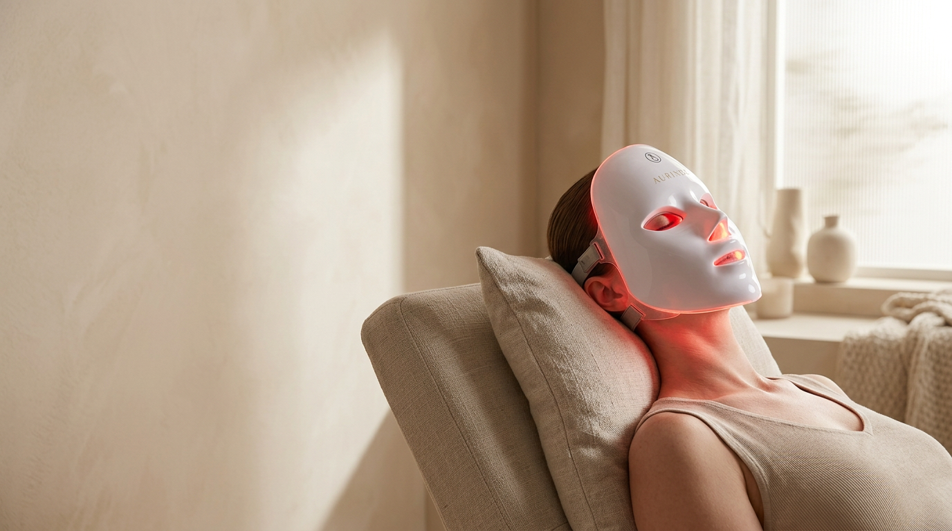 Femme allongée portant un masque LED visage à lumière rouge