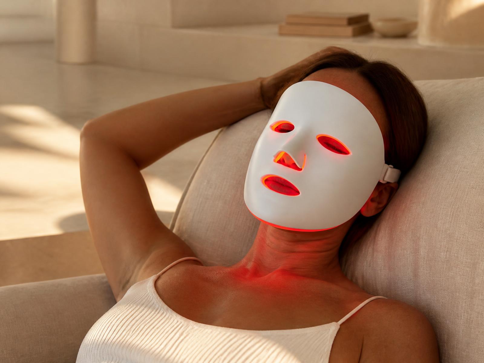 Femme allongée portant un masque LED visage à lumière rouge